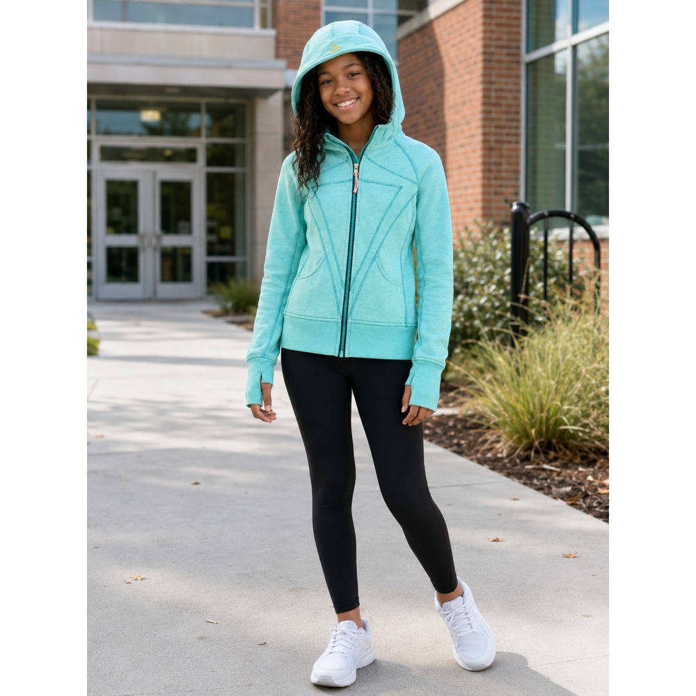 ivivva Girls Lululemon Practice Jacket Teal Full Zip Hoodie Thumbholes Size 14